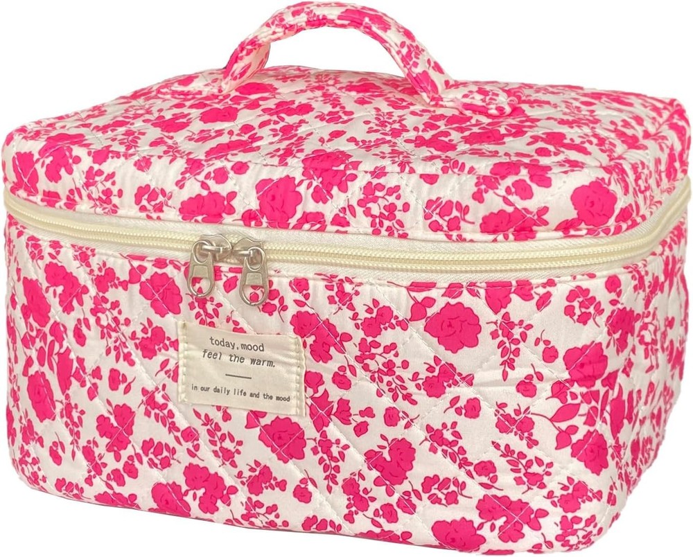 Rose Red Large Quilted Floral Makeup Bag Cute Soft Coquette A-Rose red