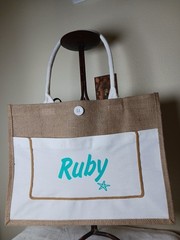 Reusable Jute Tote Bag w/ White Handles, Personalized “Ruby” Beige/White