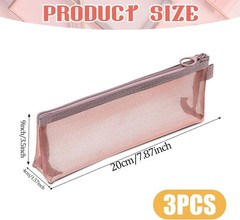 3 Pcs Mesh Makeup Brush Bag, Nylon Zipper Pouch Bags pink, gray, khaki