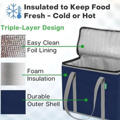 Insulated Reusable Grocery Bags 2-Pack – Cooler Bags with Hard Bottom, Navy Blue