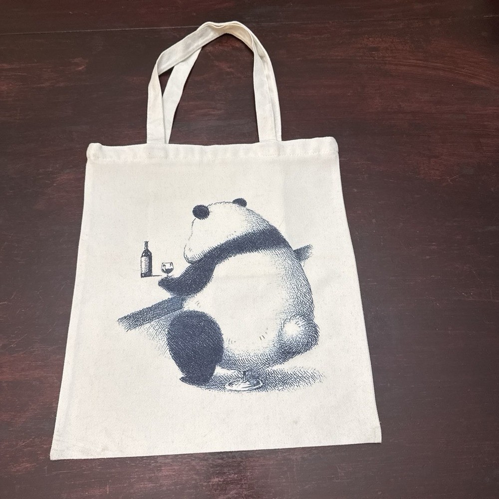 Beige Canvas Tote Bag with Panda Animal Print, Zipper Top Closure, 1 Pack