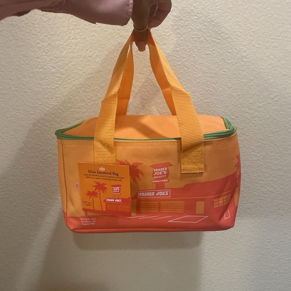 Trader Joes mini insulated bag orange with green zipper 1.5 gallons