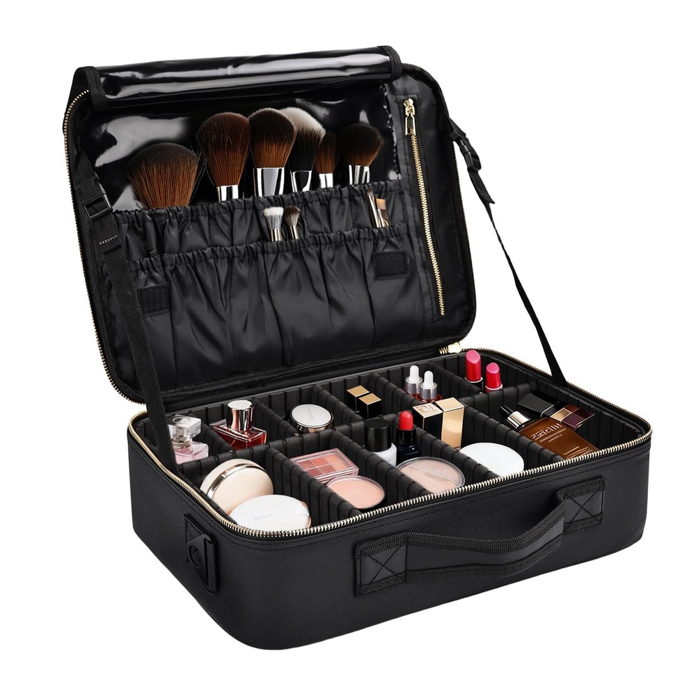 Travel Makeup Bag with Brush Holder, Professional Medium, Black Leather