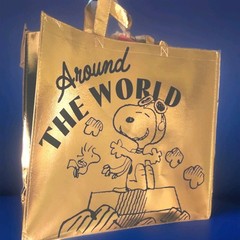 Peanuts Snoopy Flying Ace & Woodstock Around The World XL Gold Tote Bag 19.5×17