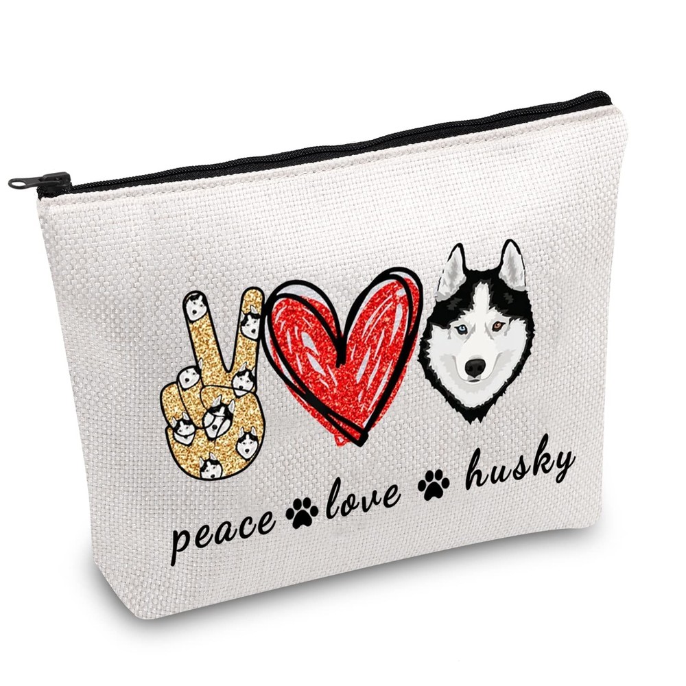 JXGZSO Funny Husky Dog Gift Peace Love Cosmetic Bag peace love husky