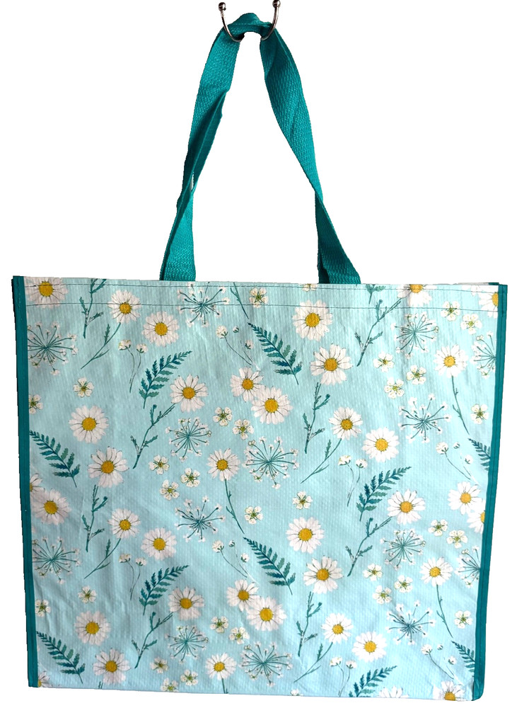 HOMESENSE REUSABLE LARGE TOTE SHOPPING BAG 20″ X 18″ DAISY FLOWERS BLUE NEW