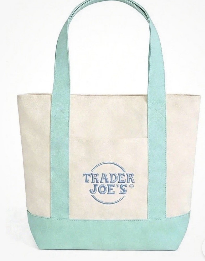 Trader Joe’s Beige Light Blue Foldable Canvas Tote Bag Solid Plain