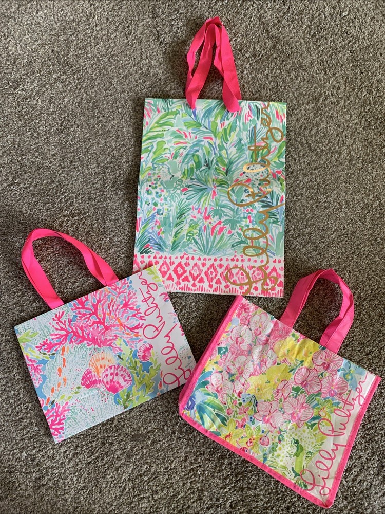 Lilly Pulitzer Pink Reusable Shopping Gift Bags Lot Of 3 2 Paper 1 Plastic