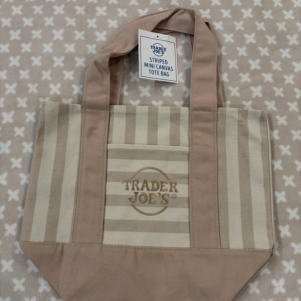 Trader Joe’s Mini Pastel Stripe Canvas Tote Bag Limited Edition Mocha Beige
