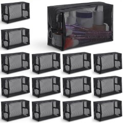 MAQUITA 15 Pcs Mesh Cosmetic Bags Black Makeup Bag with Zipper