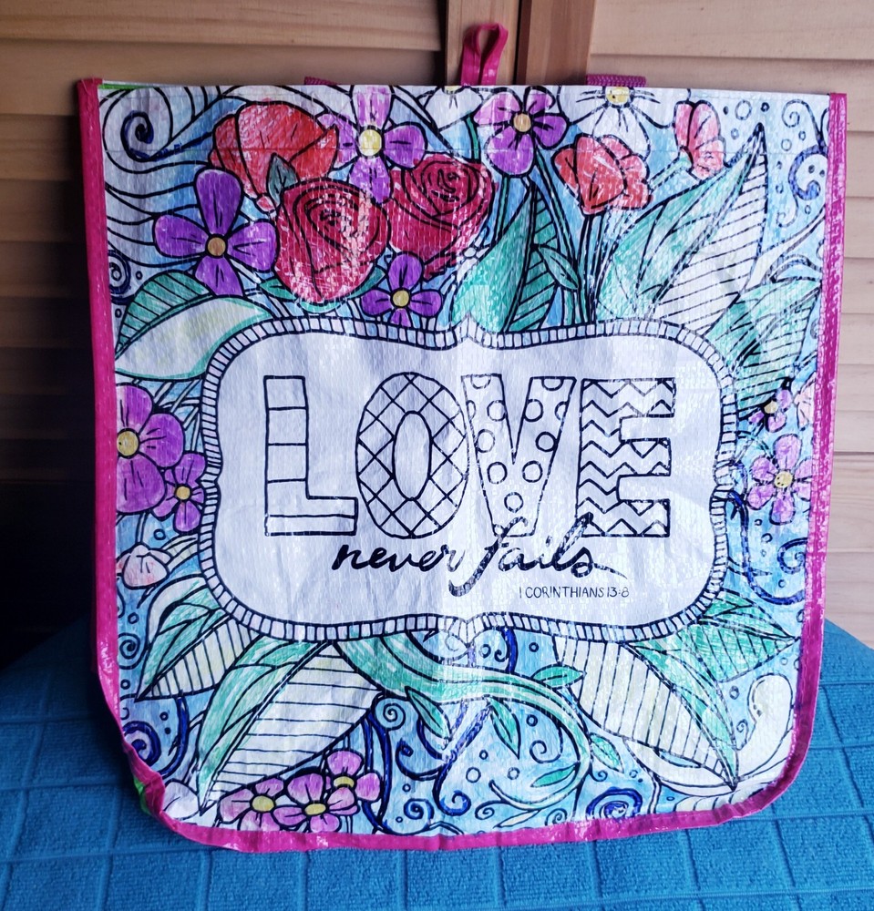 Hobby Lobby “Love Never Fails” Reusable Vinyl Tote Bag 13″x14″x5.5″ 1 Corinthian