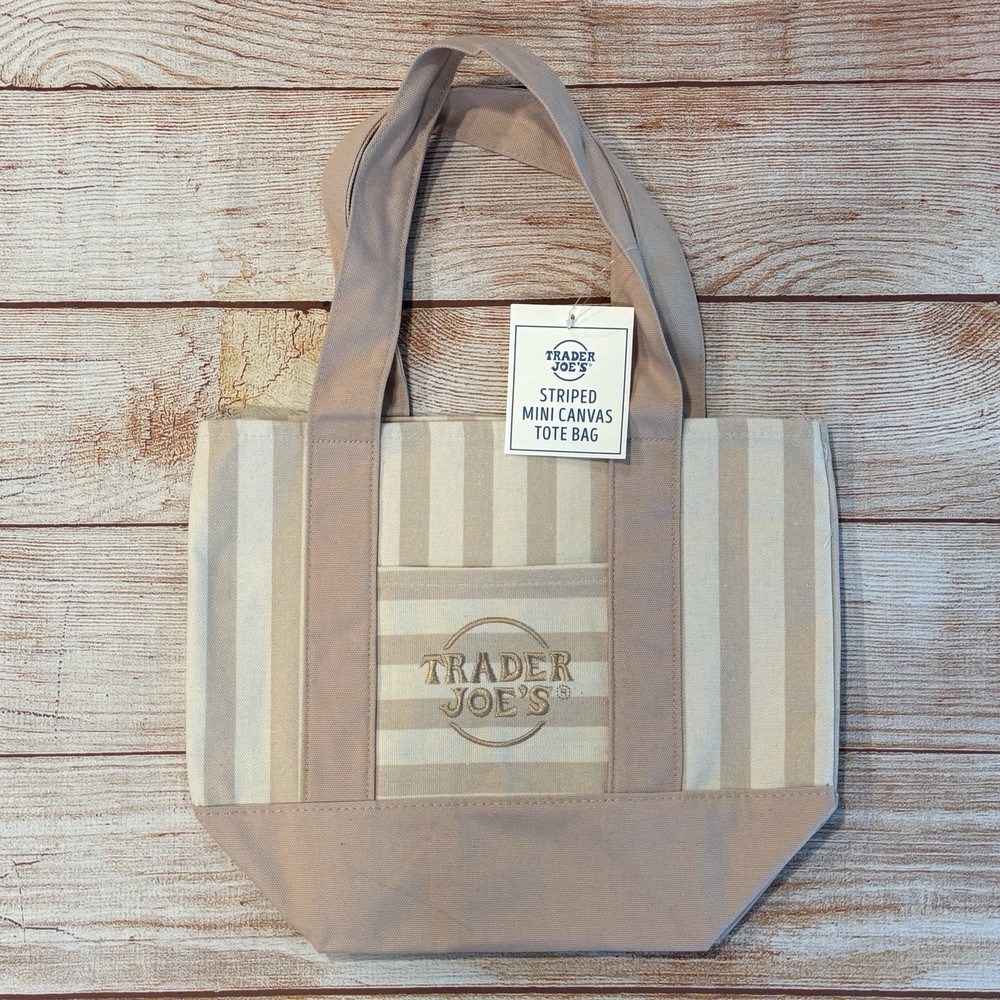 Trader Joe’s Mini Pastel Stripe Canvas Tote Bag Beige Taupe Tan Limited Edition