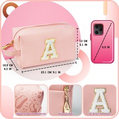 WEMVP Personalized Initial Makeup Bag with Handle, Preppy Cosmetic Pink