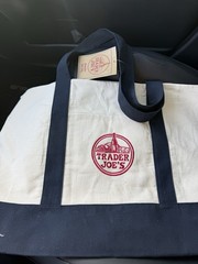 Trader Joe’s Foldable Canvas Reusable Shopping Bag Beige Navy Blue