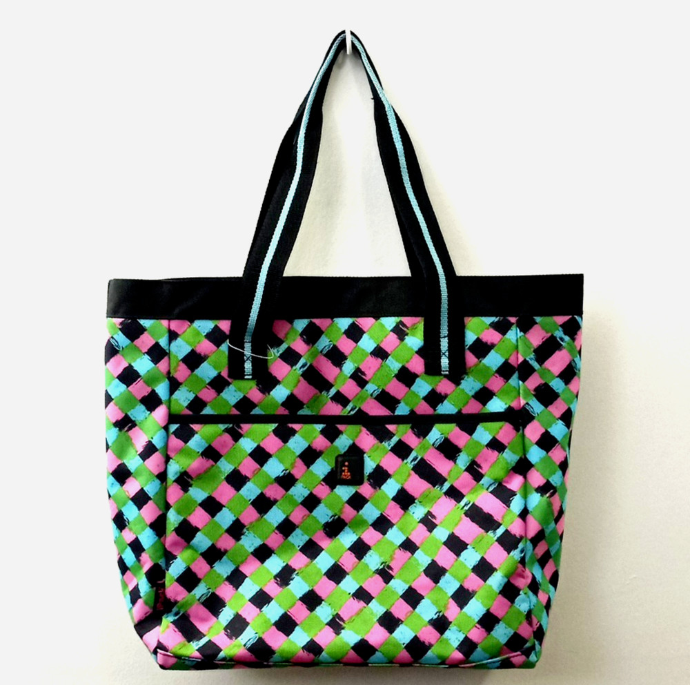 IPACK Large Grocery Bag Shopping Tote Snap Closure Pink Blue Green Weave Print