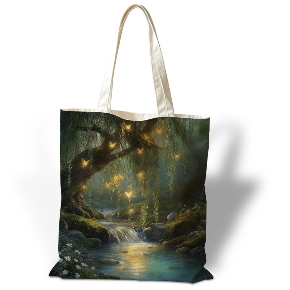 Vintage Forest Canvas Tote Bag for Women, Reusable Grocery Shoulder Shopping …