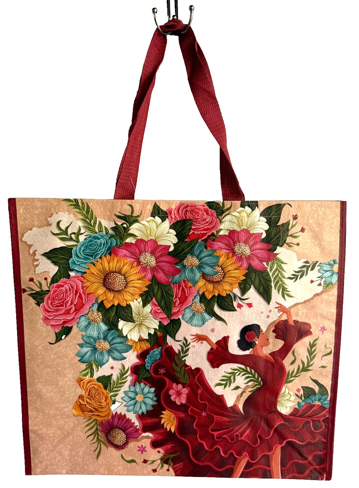 HOMESENSE REUSABLE LARGE TOTE SHOPPING BAG 20″ X 18″ FLAMENCO WOMAN FLOWER NEW