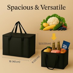 2-Pack, XL-Large Insulated Grocery Shopping Bags, Black, Reusable Bag,Thermal…