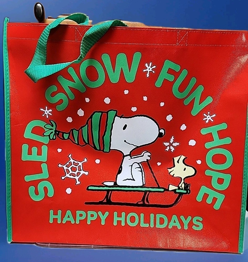 Peanuts Snoopy & Woodstock Christmas Sleding XLarge polyester Tote Bag 19.5×17