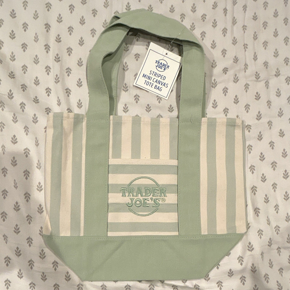 Trader Joe’s Canvas Tote Bag Reusable Striped Green/White Mini 13x6x10 in