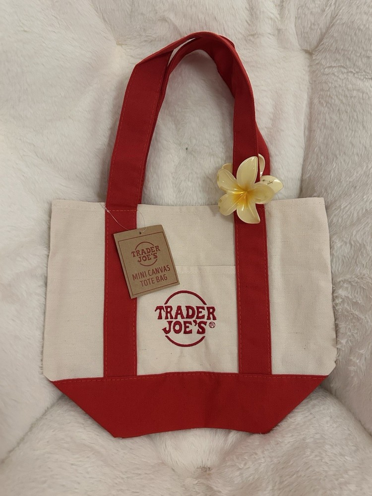 Trader Joe’s Mini Foldable Canvas Tote Bag Red Beige Solid Plain