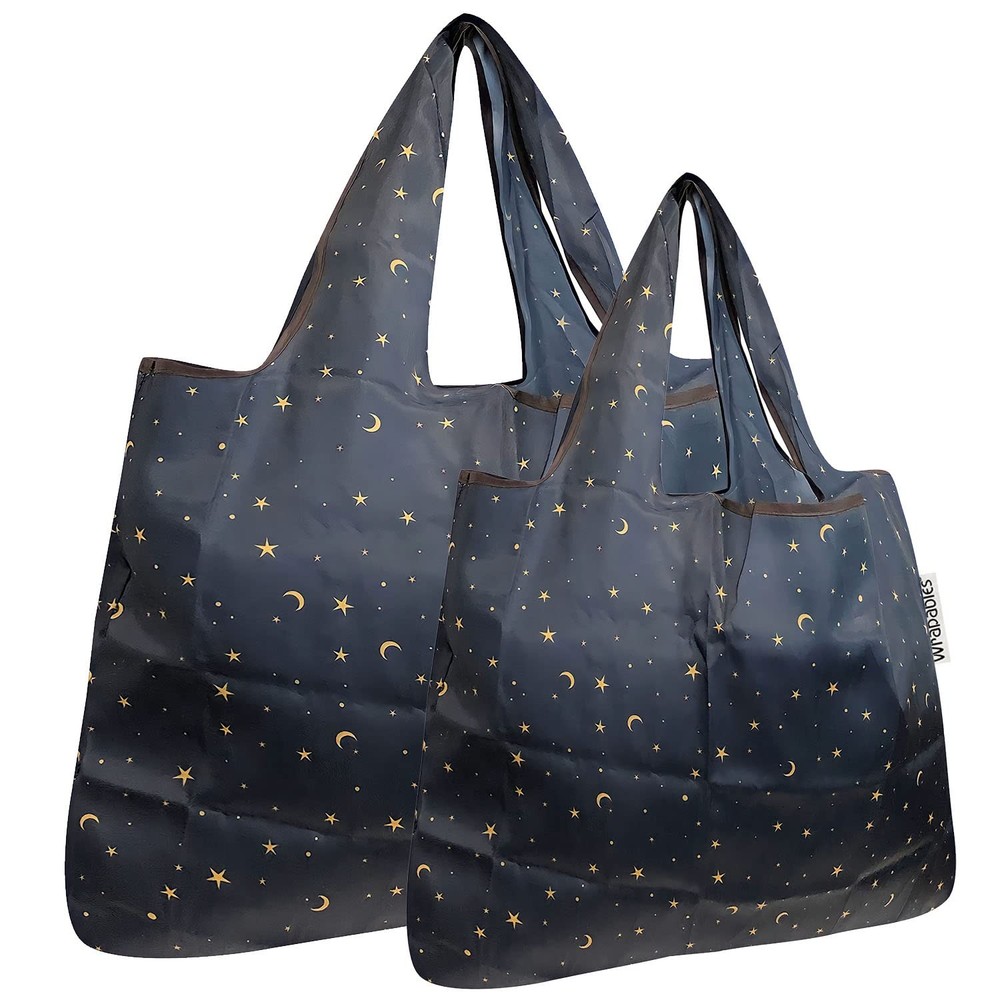 Large & Small Foldable Tote Nylon Reusable Grocery Bags, Set of 2, Moon & Stars