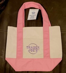 TRADER JOE’S SPRING 2025 MINI CANVAS TOTE IN PINK W/LAVENDER EMBROIDERY
