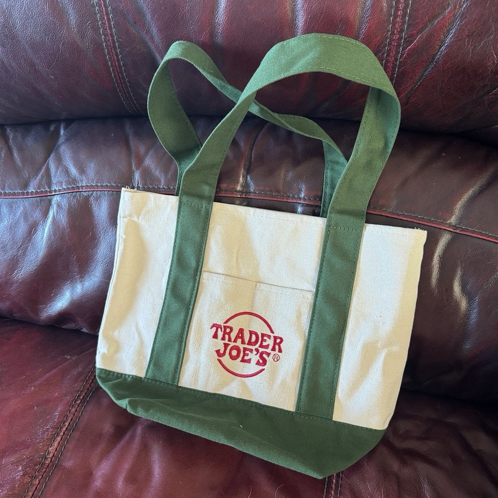 Trader Joe’s Canvas Tote Reusable Foldable Bag Green & White, Red Lettering