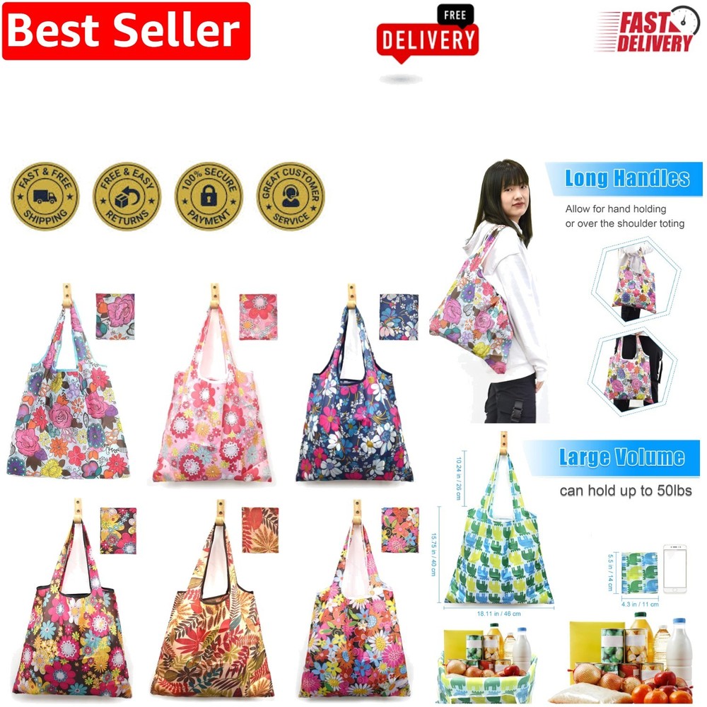 Stylish 6-Piece Foldable Grocery Bags – Washable 50LBS Ripstop Nylon Totes