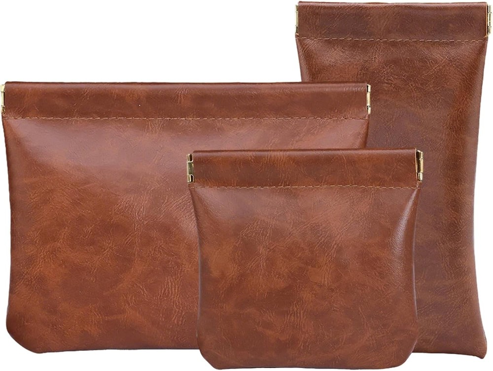 3PCS Pouchic Snap Closure Pouches, Pu Leather Small Makeup Bag 3PCS, BROWN