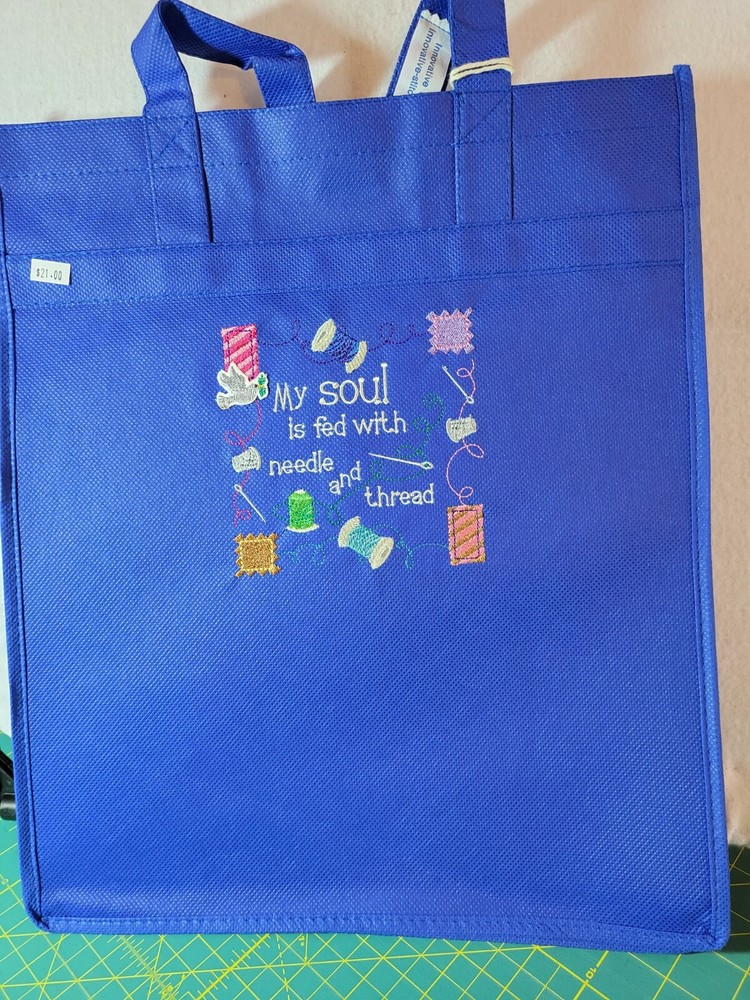 Shopping Bag – Blue- Embroidered Sewing Saying