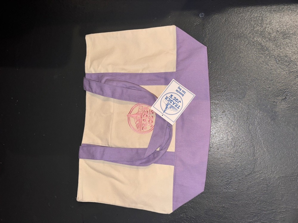 Trader Joe’s Foldable Canvas Pastel Tote Bag Purple Beige