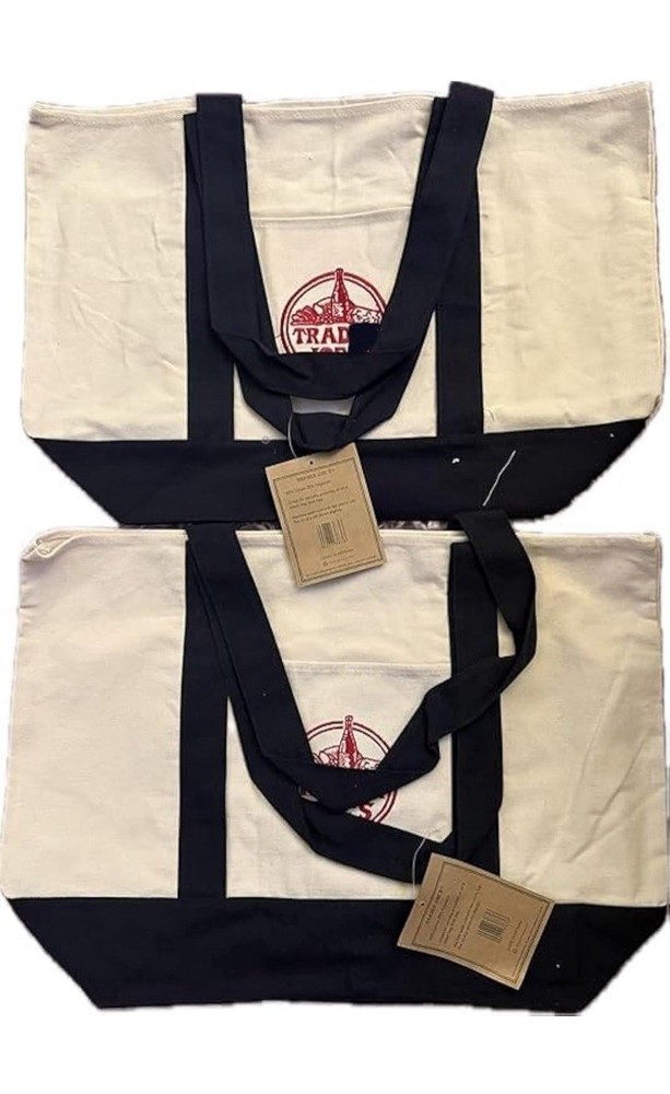 Trader Joe’s Canvas Foldable Reusable Shopping Bags Beige & Black Set of 2