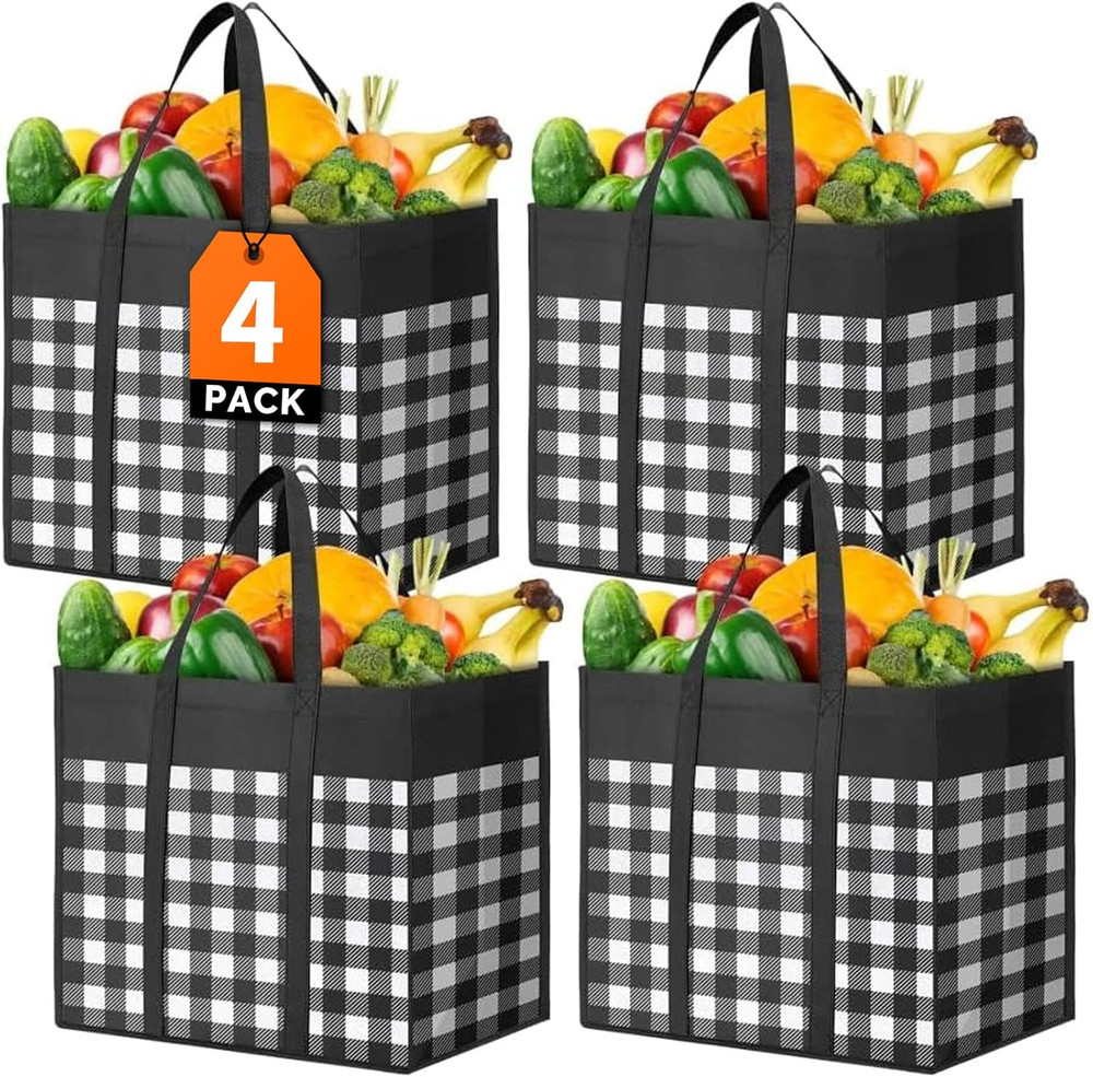 Foldable Reusable Grocery Bags, 4-Pack with Reinforced Handles, Black-White