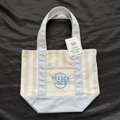 New Trader Joe’s Striped Mini Canvas Tote Bag Blue/White Cotton Reusable 13x11x6