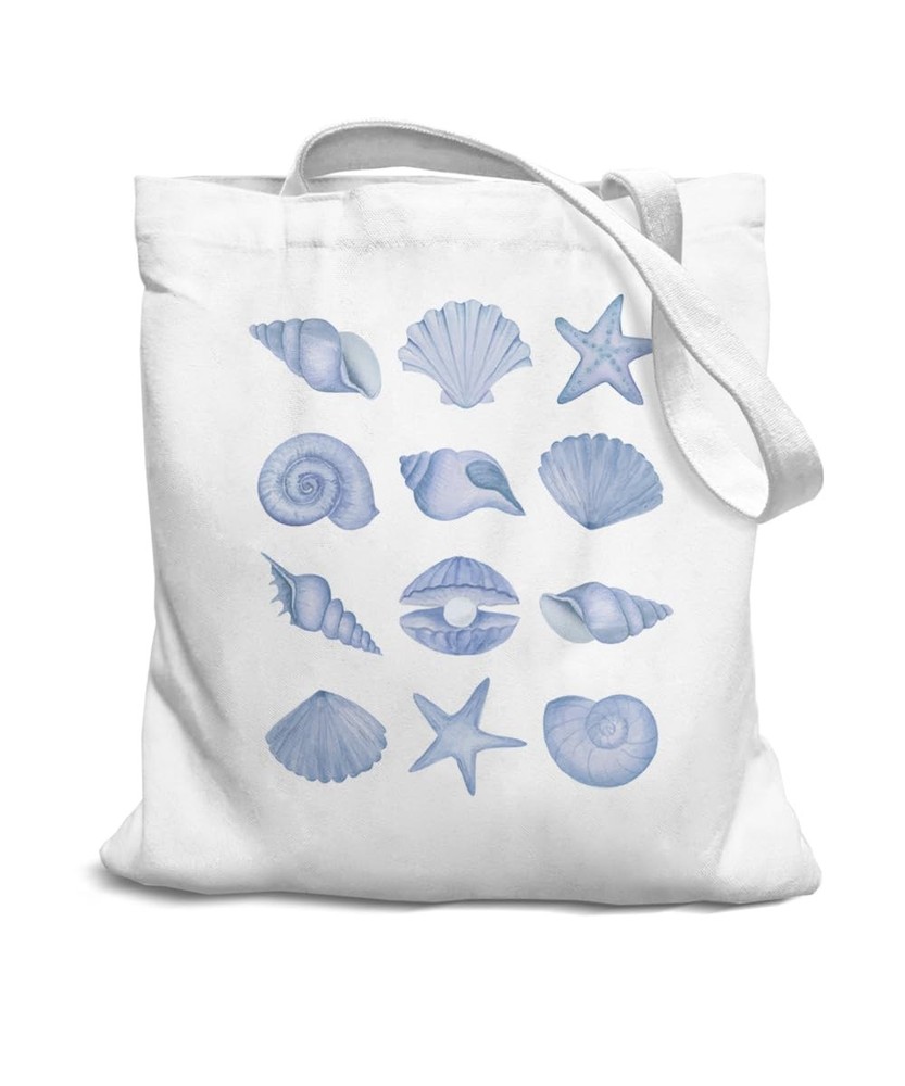 Beach shells Blue Summer Preppy Canvas Tote Bag for Women Teen Girls, Reusabl…