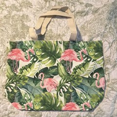 Canvas Foldable Reusable Shopping Bag Flamingo Leaf Print Multicolor Pink Green
