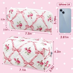 URSKYTOUS 2Pcs Cotton Quilted Makeup Bag for Women Girls Coquette Pink Bow