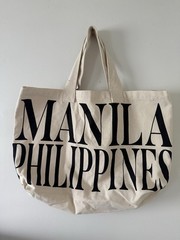 Beige Canvas Large Reusable Tote Bag 20×20 in Text Print “Manila Philippines”