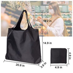 10 Pack Black Reusable Grocery Bags 45LB Capacity Foldable Ripstop Polyester