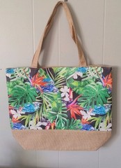 Multicolor Leaf Print Polyester Tote Reusable Bag Beige Handles green leaves.