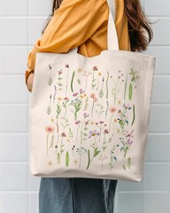 Canvas Tote Bag Aesthetic for Women, Cute Trendy Wildflowers Reusable Cloth C…