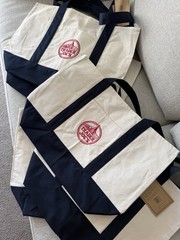 Trader Joe’s Reusable Tote Bag Foldable Cotton Polyester Beige Navy Blue