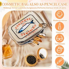 Reginary 2 Pcs Canned Sardines Makeup Bag and Mini Hair Brush with Beige