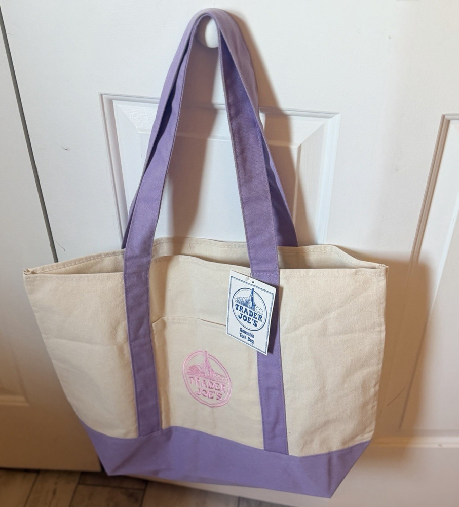 Trader Joe’s Reusable Canvas Tote Bag Logo Beige/Purple 22x11x7 in