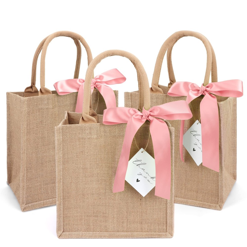 6 Pack Burlap Tote Bags with Handles Reusable Small Jute Gift Bags with Pink …