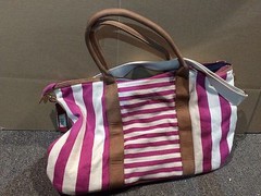 Lot Of 2 Stylish Plastic & Canvas Reusable Tote Bags Pink With White Stripe XL
