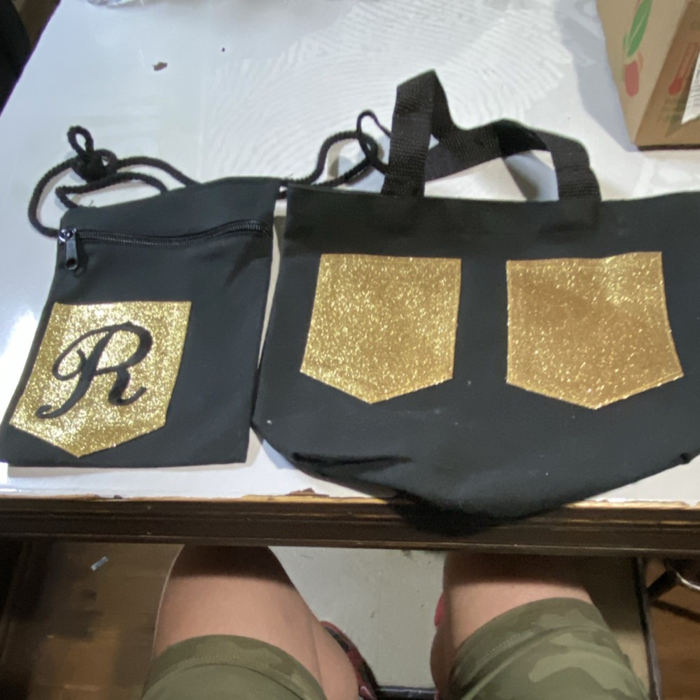 Black Gold Foldable Reusable Shopping Bag Set with Zipper, 2 Pieces