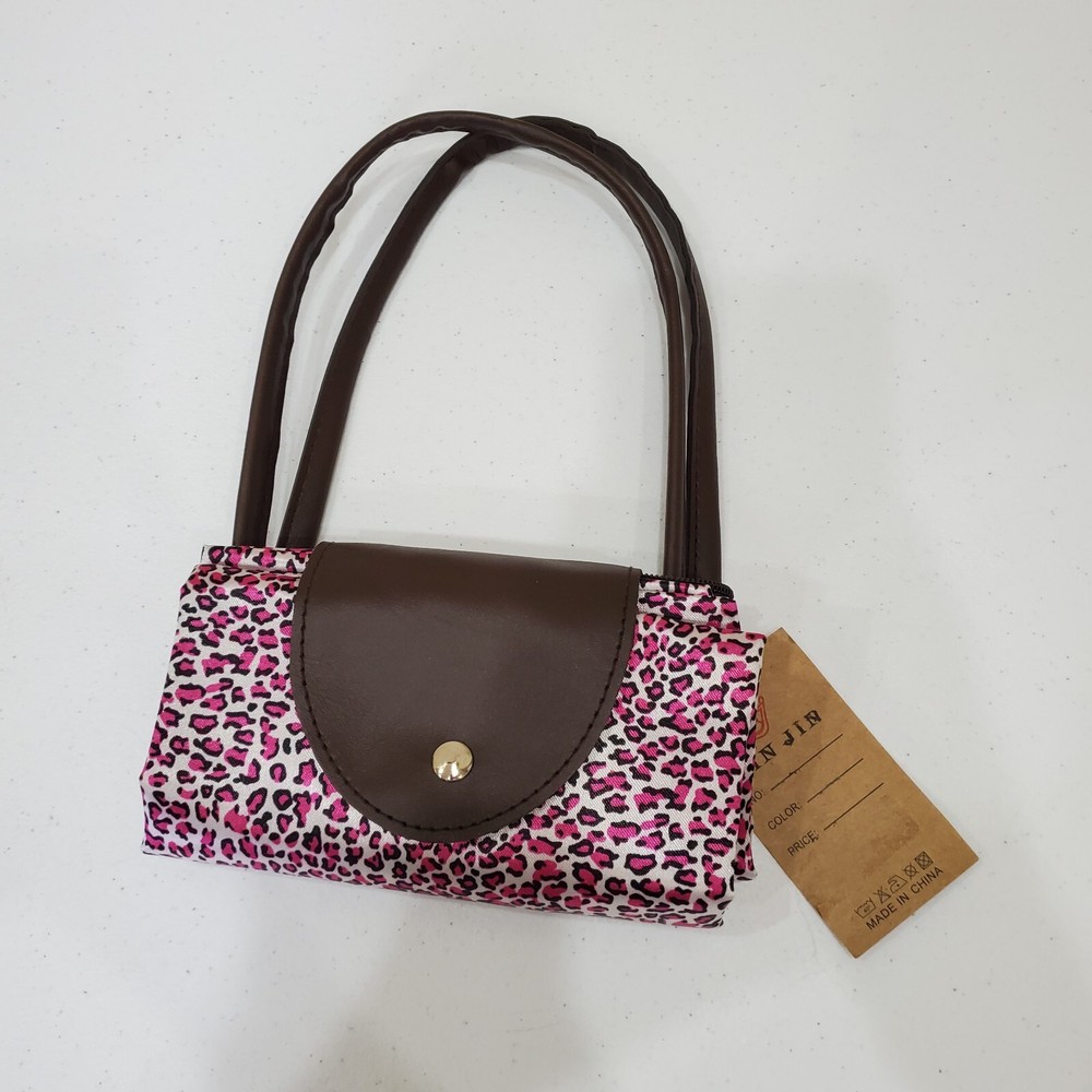 Jin Jin Pu Fold Up Tote Bag Pink Brown Leopard Print From Mini to Large HandBag