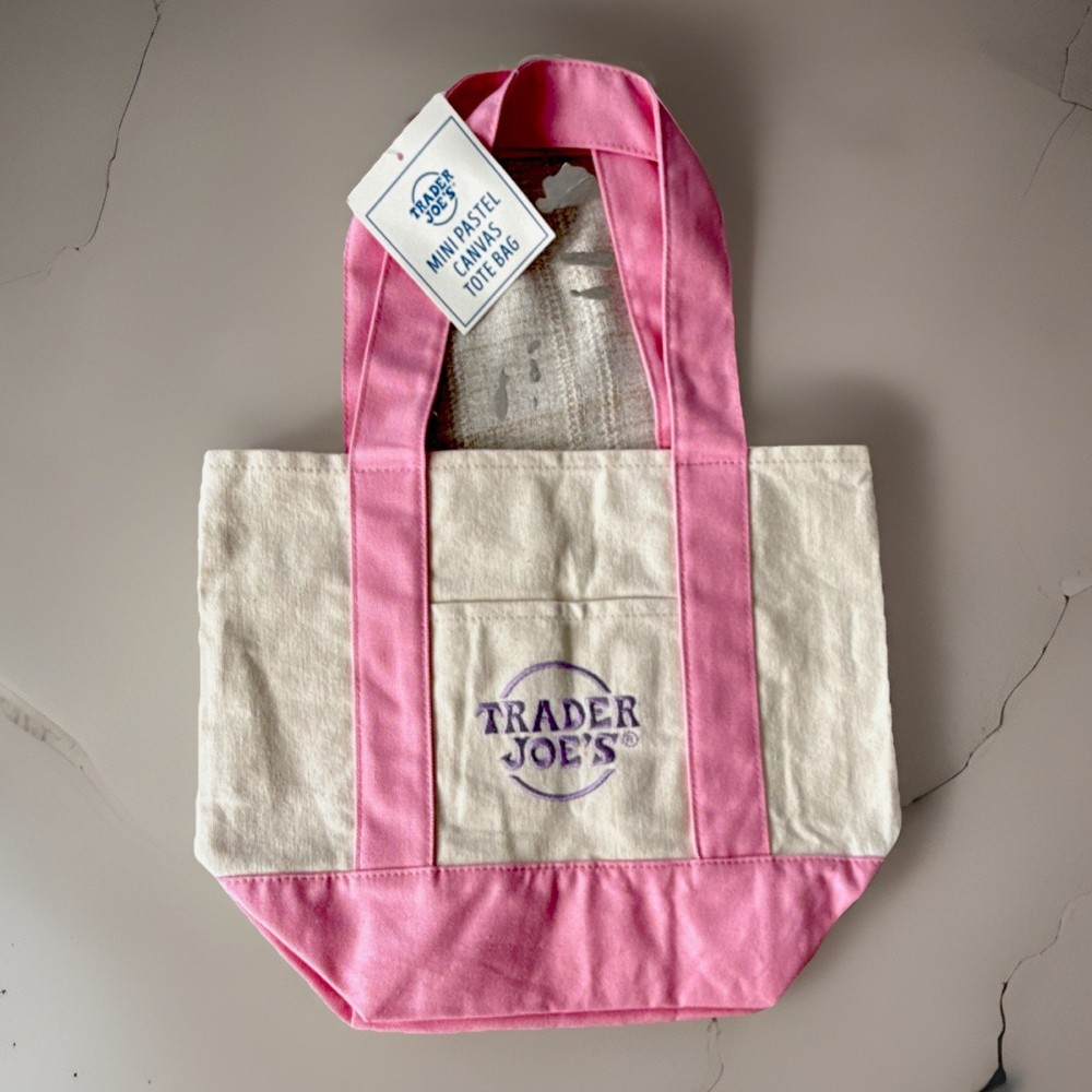 Trader Joe’s Mini Foldable Canvas Tote Bag Pink Beige Small Solid